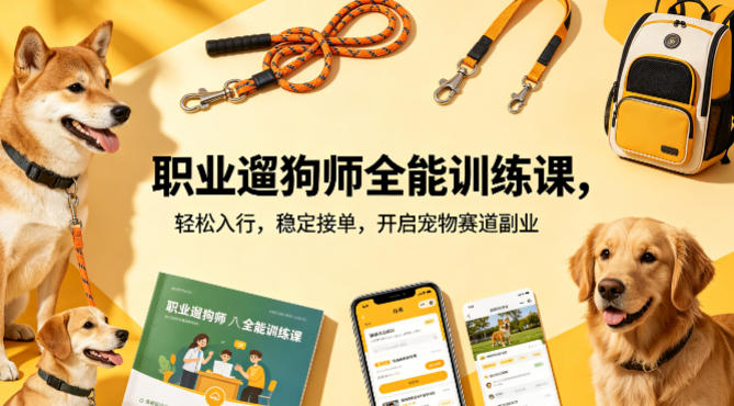 职业遛狗师全能训练课，轻松入行，稳定接单，开启宠物赛道副业-搞钱利器