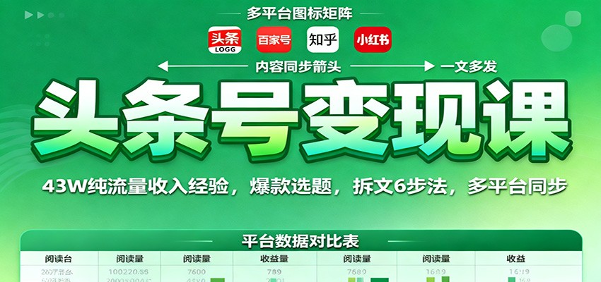 头条号变现课：43W纯流量收入经验，爆款选题，拆文6步法，多平台同步-搞钱利器