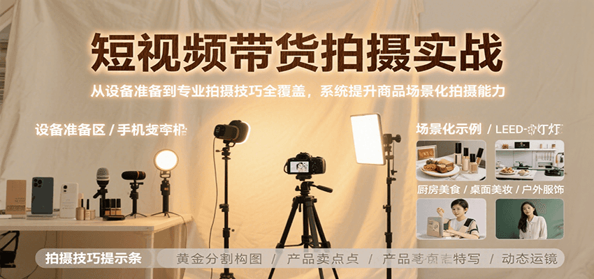 短视频带货拍摄实战，从设备准备到专业拍摄技巧全覆盖，系统提升商品场景化拍摄能力-搞钱利器
