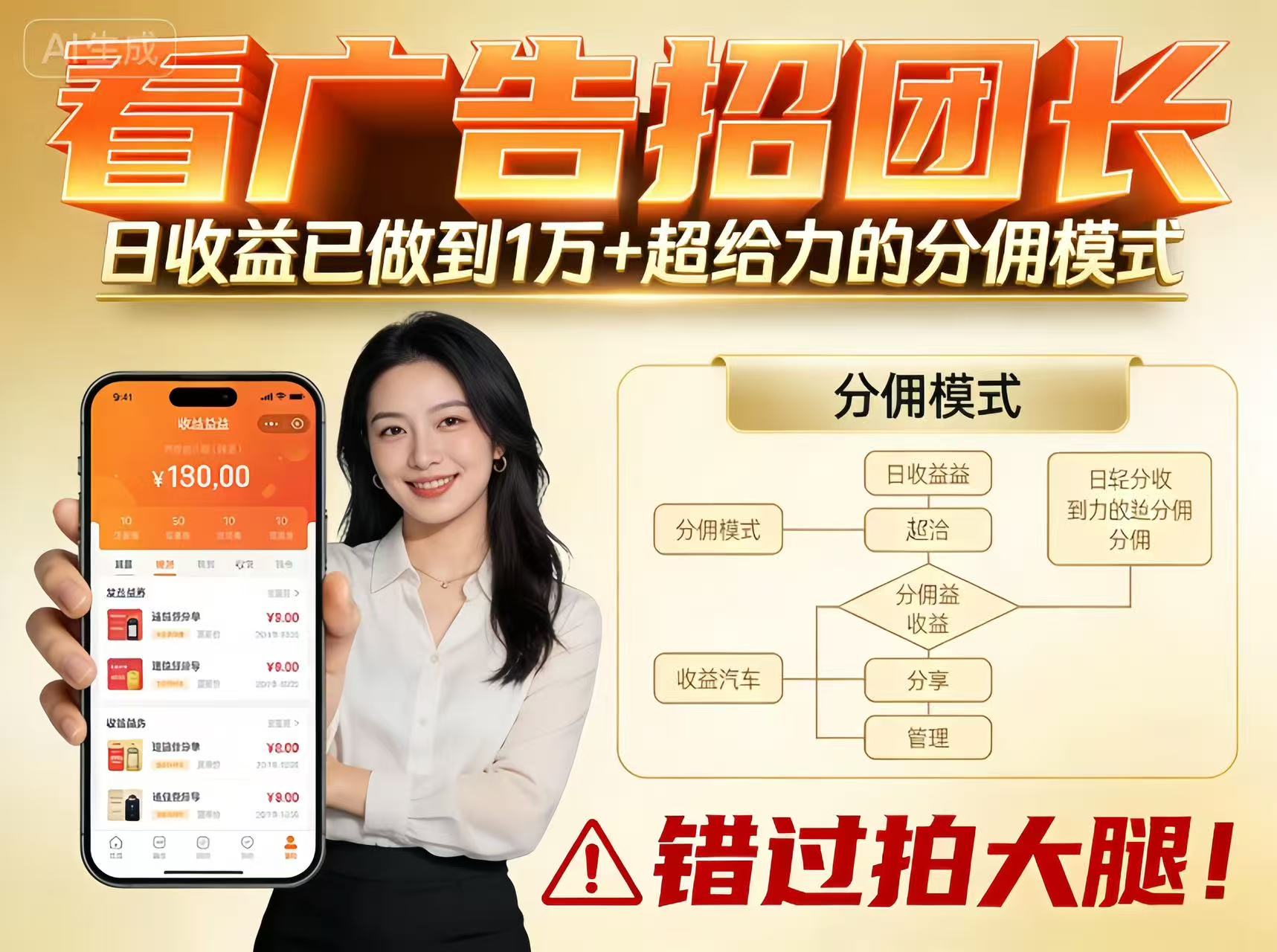 看广告招团长,团队收益已做到日入1万,分佣模式超给力,错过拍大腿-搞钱利器