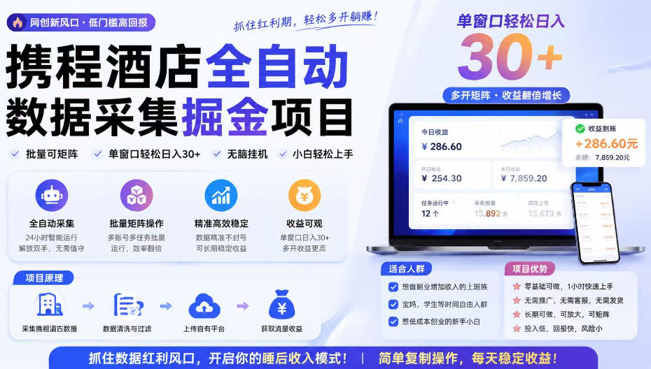 携程酒店采集挂G项目，批量可矩阵，单机轻松日入300+，开启你的睡后收入模式!【揭秘】-搞钱利器