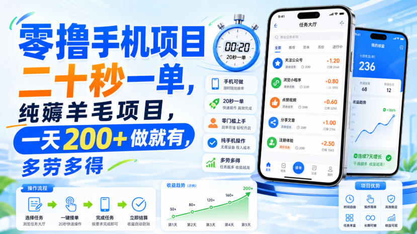 零撸手机项目，二十秒一单，纯薅羊毛项目，一天200+做就有，多劳多得【揭秘】-搞钱利器