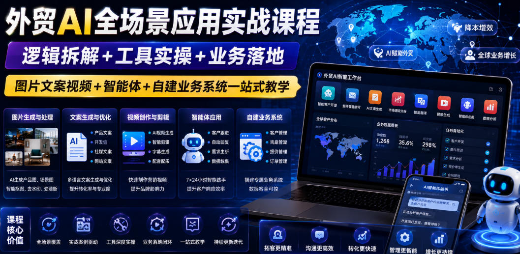 外贸AI全场景应用实战课程｜逻辑拆解+工具实操+业务落地，图片文案视频+智能体+自建业务系统一站式教学-搞钱利器