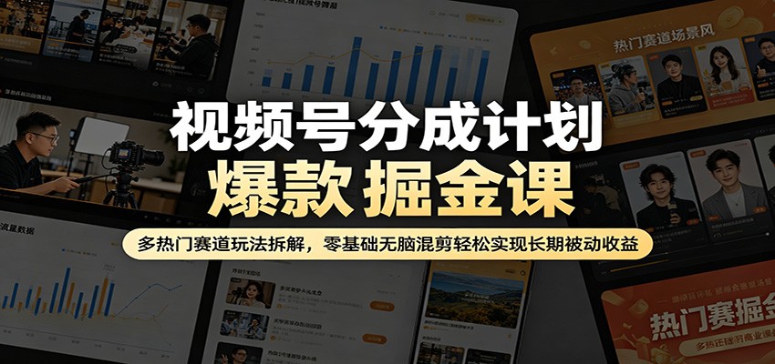视频号分成计划爆款掘金课：多热门赛道玩法拆解，零基础无脑混剪轻松实现长期被动收益-搞钱利器