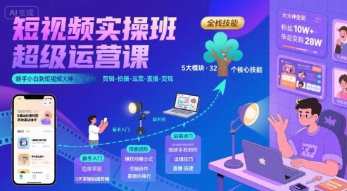 短视频实操班超级运营课，新手小白到短视频大神必修课程，剪辑-拍摄-运营-直播-变现-搞钱利器