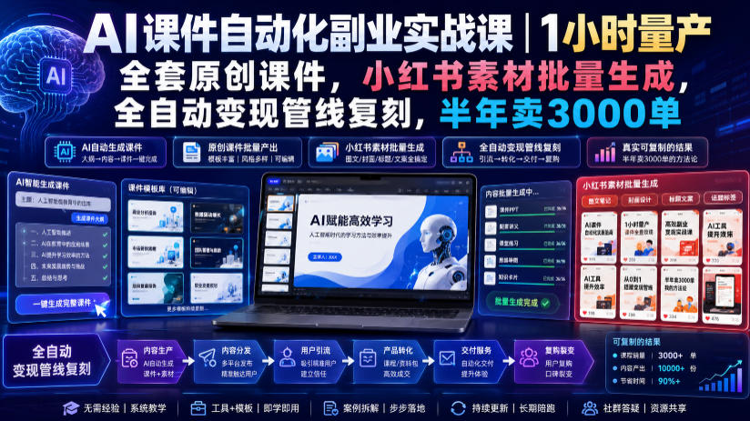 AI课件自动化副业实战课|1小时量产全套原创课件,小红书素材批量生成,全自动变现管线复刻,半年卖3000单-搞钱利器