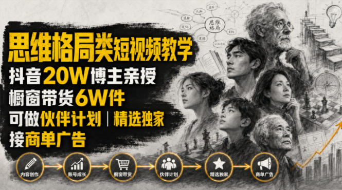 人性思维格局类短视频教学，抖音20W博主亲授，橱窗带货6W件，可做伙伴计划、精选独家、接商单广告-搞钱利器