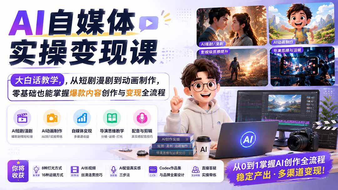 AI自媒体实操变现课｜大白话教学，从短剧漫剧到动画制作，零基础也能掌握爆款内容创作与变现全流程-搞钱利器