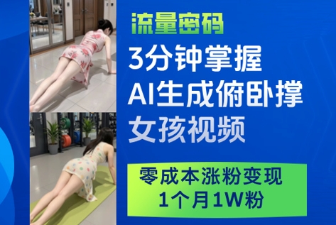 3分钟掌握AI生成俯卧撑女孩视频，零成本涨粉变现，1个月1W粉-搞钱利器