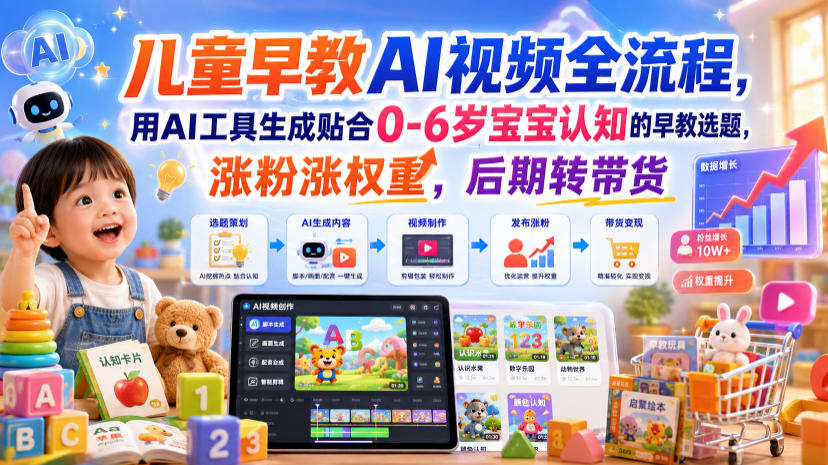 儿童早教AI视频全流程，用AI工具生成贴合0-6岁宝宝认知的早教选题，涨粉涨权重，后期转带货-搞钱利器