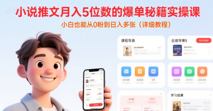 小说推文月入5位数的爆单秘籍实操课，，小白也能从0粉到日入多张(详细教程)-搞钱利器