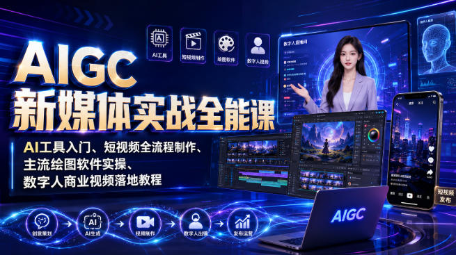 AIGC新媒体实战全能课｜AI工具入门、短视频全流程制作、主流绘图软件实操、数字人商业视频落地教程-搞钱利器