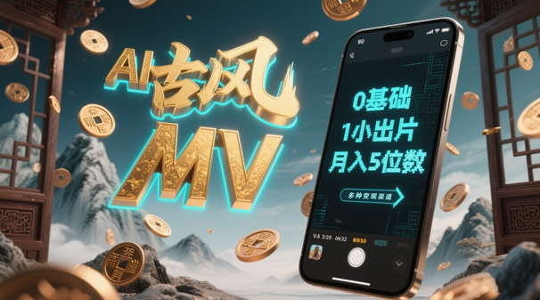 AI一键生成古风音乐MV，0剪辑基础1小时出片，多种变现渠道，一部手机月入5位数-搞钱利器