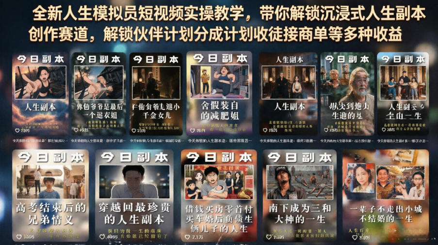 全新人生模拟员短视频实操教学，带你解锁沉浸式人生副本创作赛道，解锁伙伴计划分成计划收徒接商单等多种收益-搞钱利器