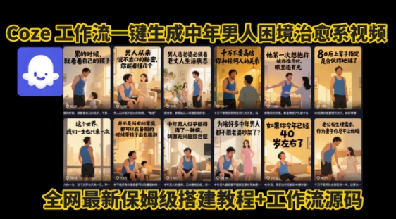 coze工作流一键生成”中年男人困境扎心高涨粉高播放量图文视频”保姆级拆解教程，无需剪辑，无需拍摄写文案-搞钱利器
