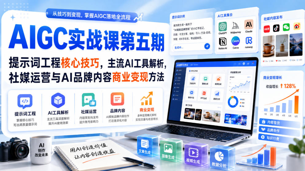 刺猬星球·AIGC实战课第五期，提示词工程核心技巧，主流AI工具解析，社媒运营与AI品牌内容商业变现方法-搞钱利器