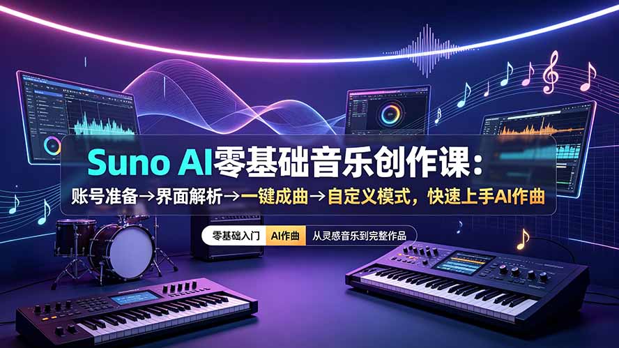 Suno AI零基础音乐创作课：账号准备→界面解析→一键成曲→自定义模式，快速上手AI作曲-搞钱利器