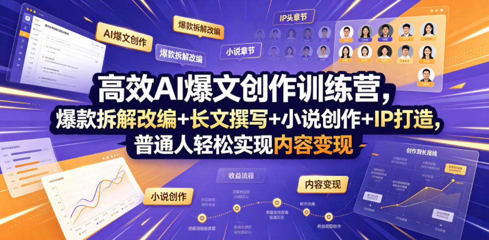 高效AI爆文创作训练营，爆款拆解改编+长文撰写+小说创作+IP打造，普通人轻松实现内容变现-搞钱利器