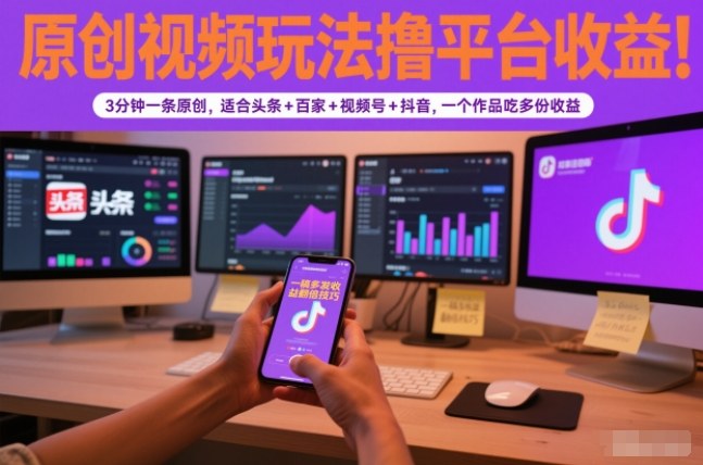 原创视频玩法撸平台收益,3分钟一条原创,适合头条+百家+视频号+抖音,一个作品吃多份收益-搞钱利器