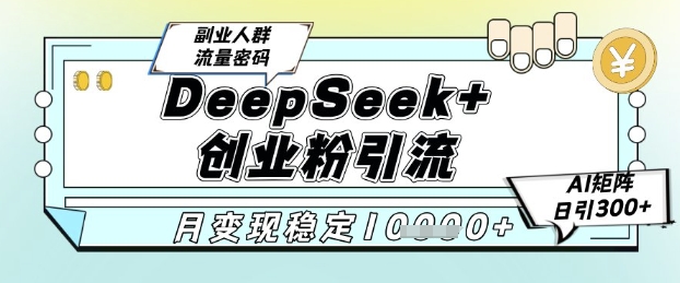 DeepSeek+创业粉精准引流，全新分享课4.0玩法，AI矩阵日引300+，多种变现方式，稳定月入1W-搞钱利器