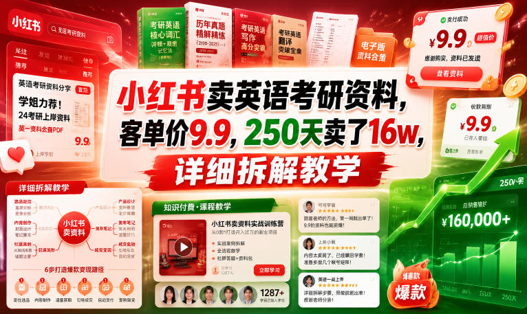 小红书卖英语考研资料,客单价9.9,250天卖了16w,详细拆解教学-搞钱利器