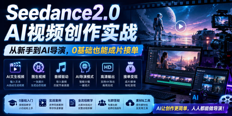 Seedance2.0 AI视频创作实战，从新手到AI导演，0基础也能成片接单变现-搞钱利器