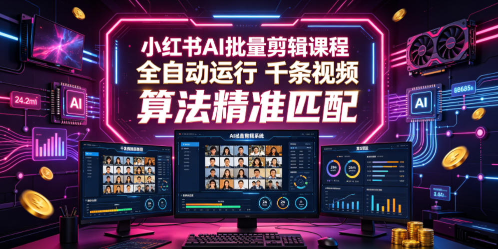小红书AI批量剪辑课程，24小时全自动运行，解放双手专注运营，千条视频批量处理，小红书算法精准匹配-搞钱利器