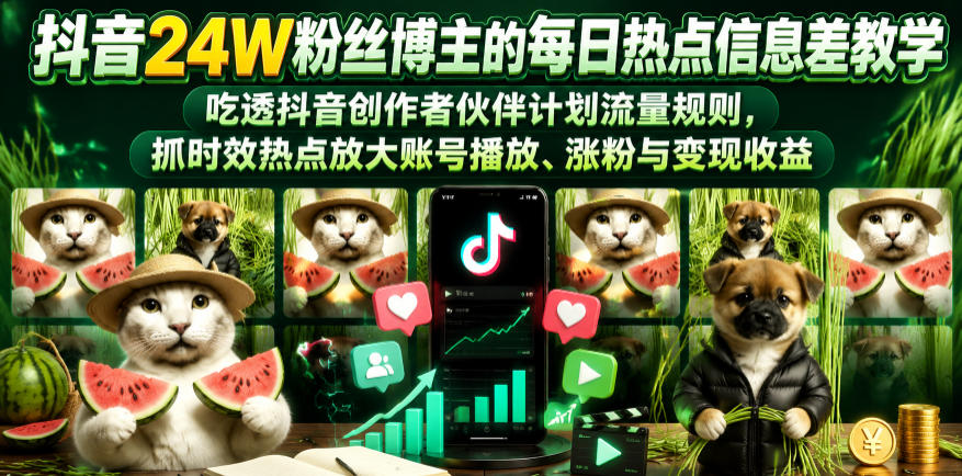 抖音24W粉丝博主的每日热点信息差教学，吃透创作者伙伴计划流量规则，抓时效热点放大账号播放、涨粉与变现收益-搞钱利器
