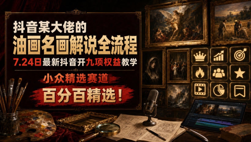 抖音某大佬的油画名画解说全流程，7.24日最新抖音开九项权益教学，小众精选赛道，百分百精选！-搞钱利器