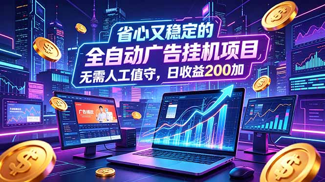 全自动广告挂机项目，全程无需人工值守。稳定创收每日收益200+-搞钱利器