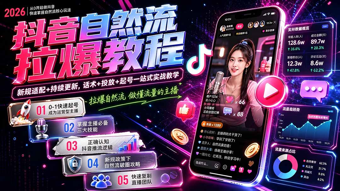 抖音自然流拉爆教程-更新7月：做懂流量的主播，新规适配+持续更新，话术+投放+起号一站式实战教学-搞钱利器