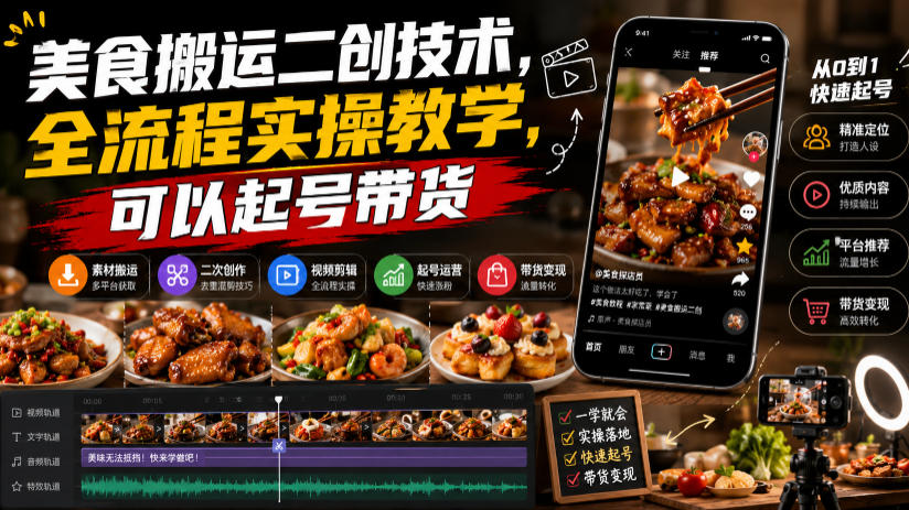 美食搬运二创技术，全流程实操教学，可以起号带货-搞钱利器