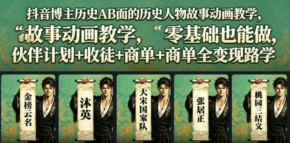 抖音博主历史AB面的历史人物故事动画教学，零基础也能做，伙伴计划+收徒+商单全变现路径教学-搞钱利器