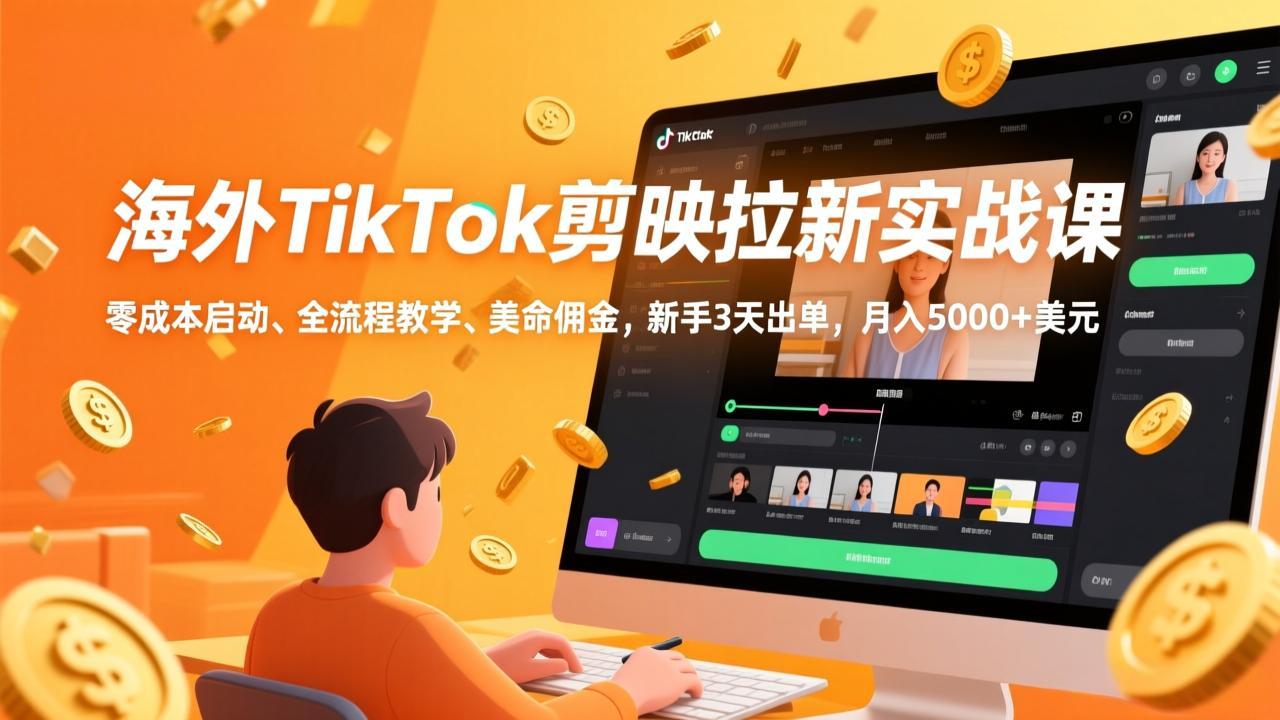 海外TikTok剪映拉新实战课，零成本启动、全流程教学、美金佣金，新手3天出单，月入5000+美元-搞钱利器