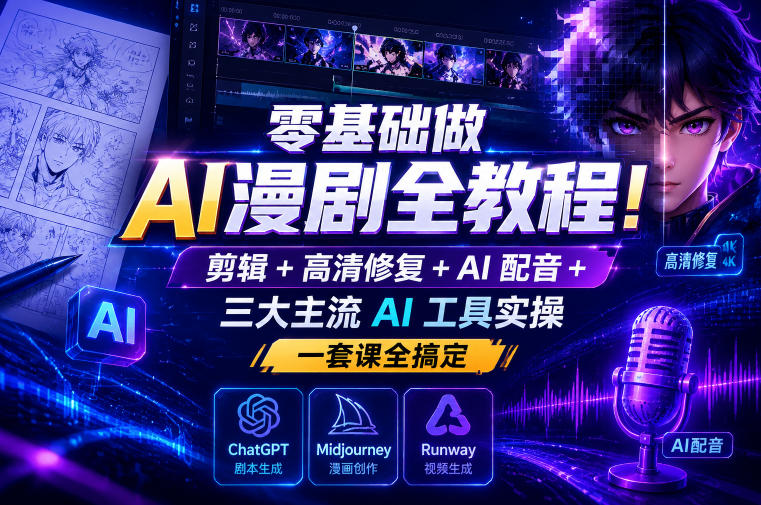 零基础做AI漫剧全教程!剪辑+高清修复+AI配音+三大主流AI工具实操,一套课全搞定-搞钱利器