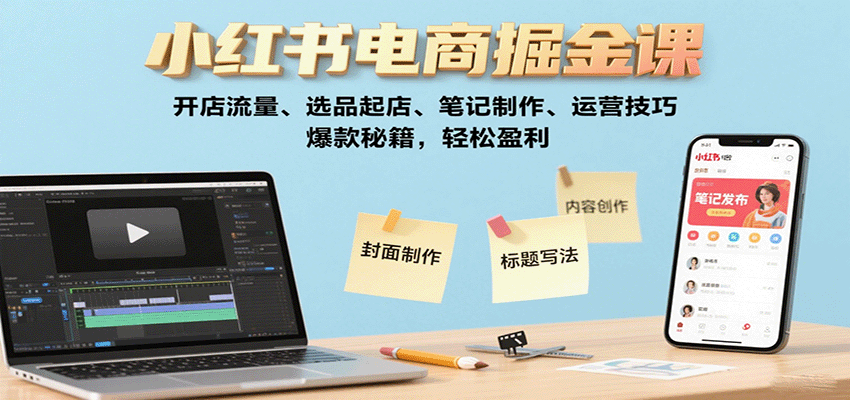 小红书电商掘金课：开店流量、选品起店、笔记制作、运营技巧，爆款秘籍，轻松盈利-搞钱利器