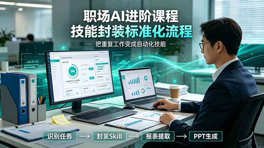 职场AI进阶课程；多类实用Skill工具实操，专属技能封装标准化流程，报表行业报告一键提取核心内容-搞钱利器