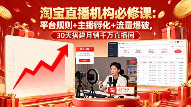 淘宝直播机构必修课：平台规则/主播孵化/流量爆破,30天搭建月销千万直播间-搞钱利器