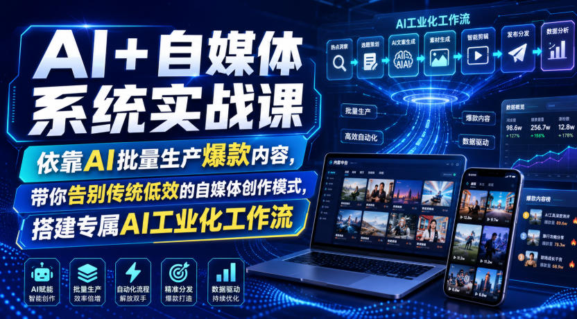 AI+自媒体系统实战课，依靠AI批量生产爆款内容，带你告别传统低效的自媒体创作模式，搭建专属AI工业化工作流-搞钱利器