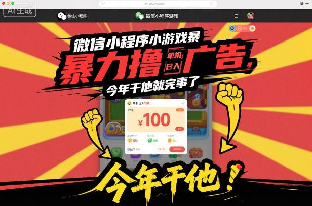 微信小程序小游戏暴力撸广告，单机日入100，今年干他就完事了-搞钱利器