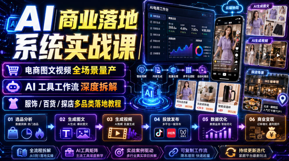 AI商业落地系统实战课｜电商图文视频全场景量产・AI工具工作流深度拆解・服饰/百货/探店多品类落地教程-搞钱利器