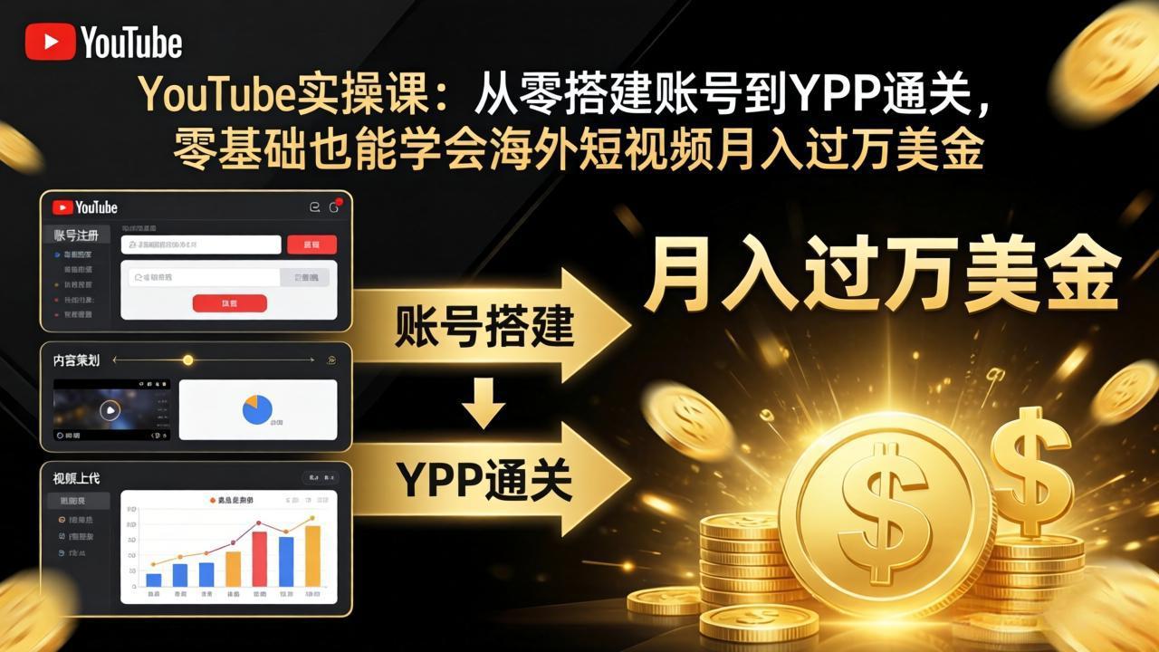 YouTube实操课：从零搭建账号到YPP通关，零基础也能学会海外短视频月入过万美金-搞钱利器
