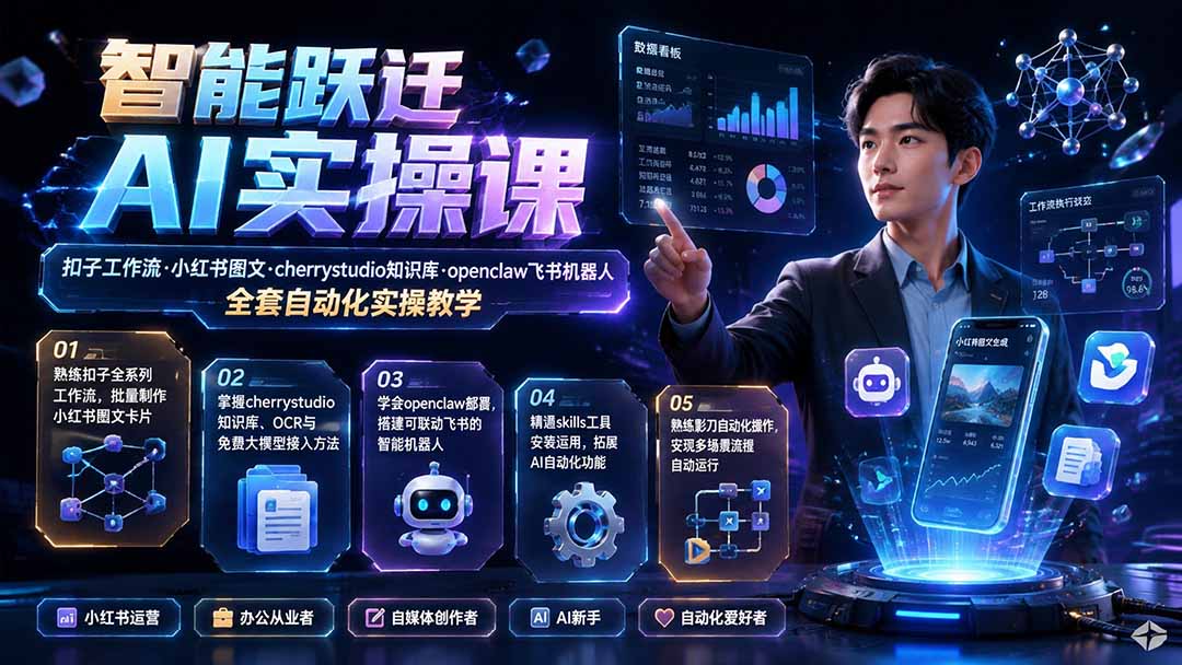 智能跃迁 AI实操课｜扣子工作流小红书图文搭建，cherrystudio知识库openclaw飞书机器人全套自动化实操教学-搞钱利器