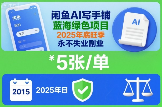 闲鱼AI写手铺，蓝海绿色项目，一单5张，2025年底旺季，永不失业副业-搞钱利器