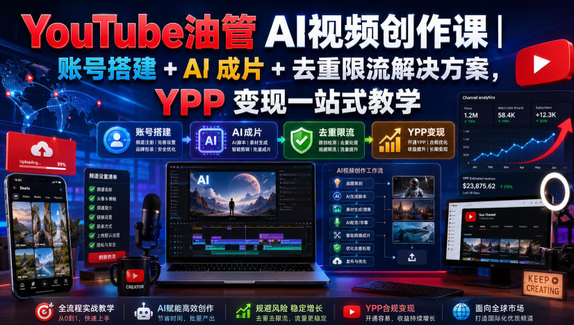 YouTube油管AI视频创作课｜账号搭建+AI成片+去重限流解决方案，YPP变现一站式教学(更新0809)-搞钱利器