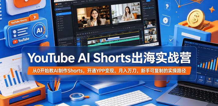 YouTube AI Shorts出海实战营，从0开始教AI制作Shorts，开通YPP变现，月入万刀，新手可复制的实操路径-搞钱利器