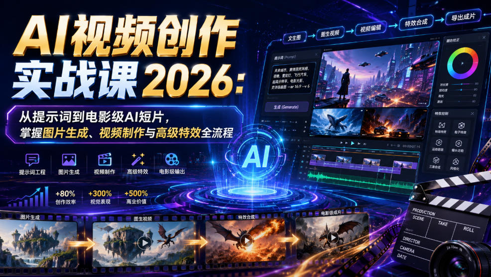 AI视频创作实战课2026：从提示词到电影级AI短片，掌握图片生成、视频制作与高级特效全流程-搞钱利器