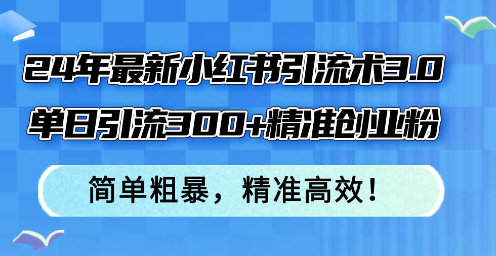 24年最新小红书引流术3.0，单日引流300+精准创业粉，简单粗暴，精准高效！-搞钱利器