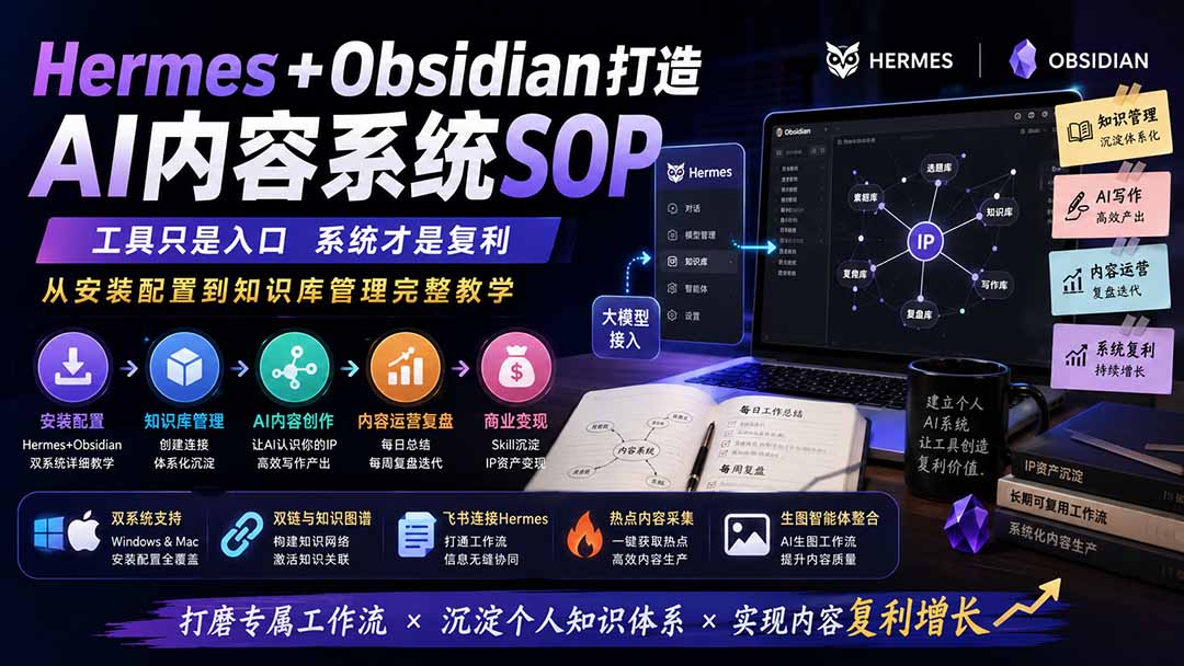 Hermes+Obsidian打造AI内容系统SOP；工具只是入口系统才是复利，从安装配置到知识库管理完整教学-搞钱利器