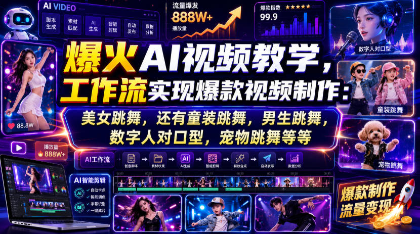 爆火AI视频教学，工作流实现爆款视频制作：美女跳舞，还有童装跳舞，男生跳舞，数字人对口型，宠物跳舞等等-搞钱利器